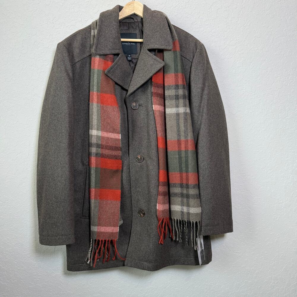 London Fog Men's Wool‎ Blend Brown Button Front Coat with Plaid Scarf M NEW